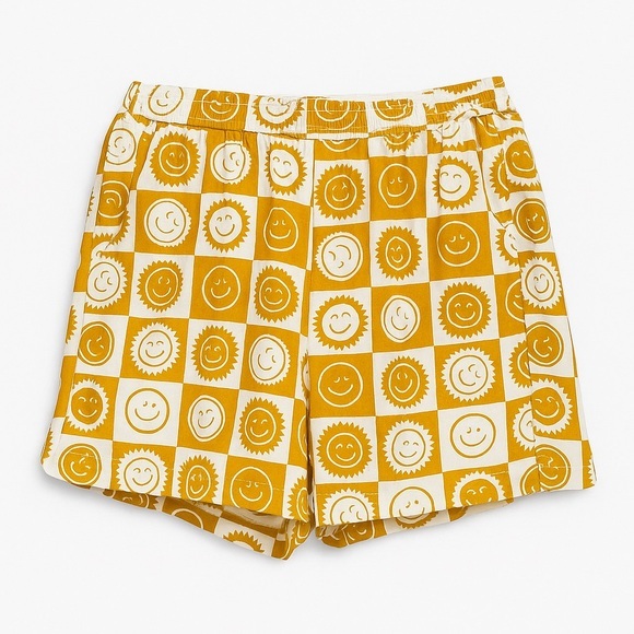 Mighty Fine Smiley Sun Graphic Lounge Shorts Yellow White Alt Lounge Retro Indie - Picture 1 of 6